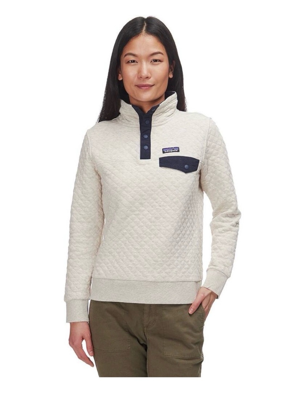 Organic Cotton Patagonia Quilted Snap Pullover - Birch White with Navy Trim